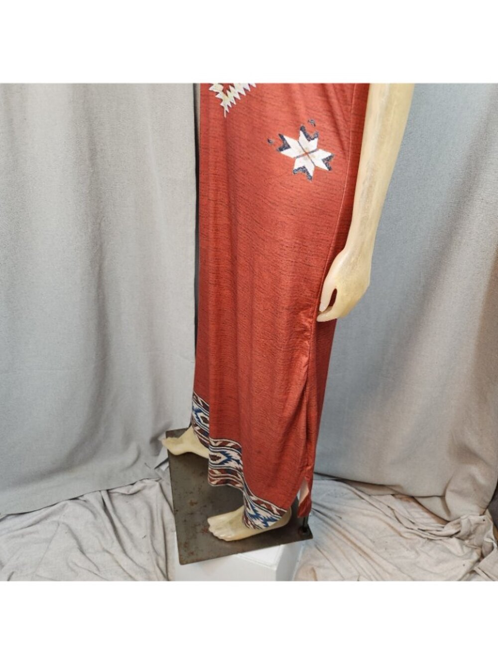 Southwestern Style Blue Orange Pattern Short Slv Scoop Nck Long Dress Maxi LARGE - Picture 6 of 9